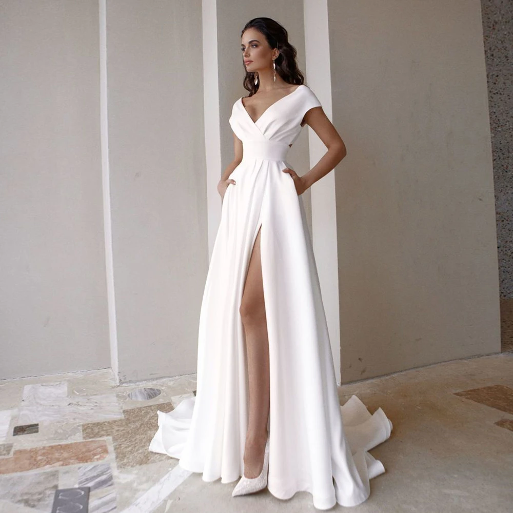 

Simple Side Slit Wedding Dress 2021 A-Line V-Neck Cap Sleeve Pleat Backless Sweep Train Satin Bridal Gown Vestidos De Noiva