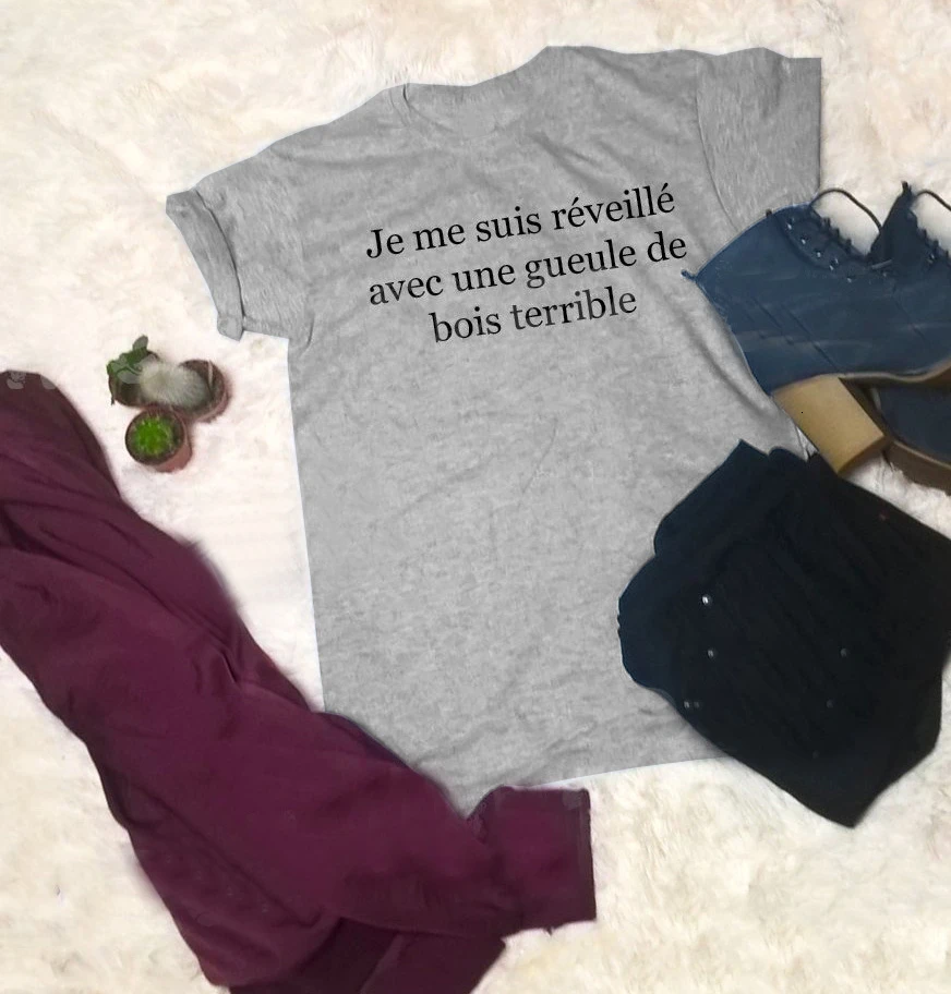 

New arrival street style French t shirt hungover slogan yellow women fashion girl cotton aesthetic grunge tumblr tee tops- K226