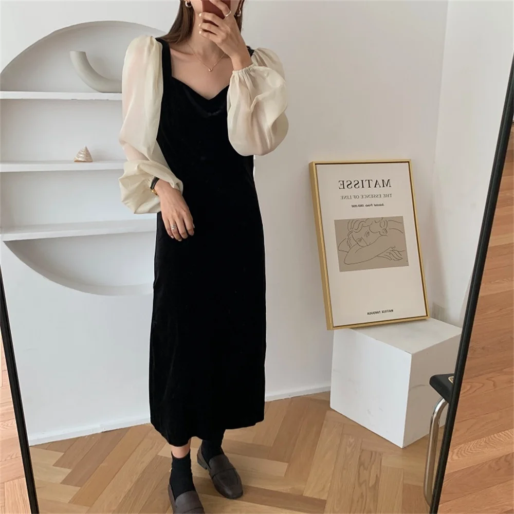

Alien Kitty Black Velvet V-Neck Slim Maxi Dress Split Puff Sleeve 2021 Autumn Patchwork Gauze Sexy Casual Elegant Loose Vestidos