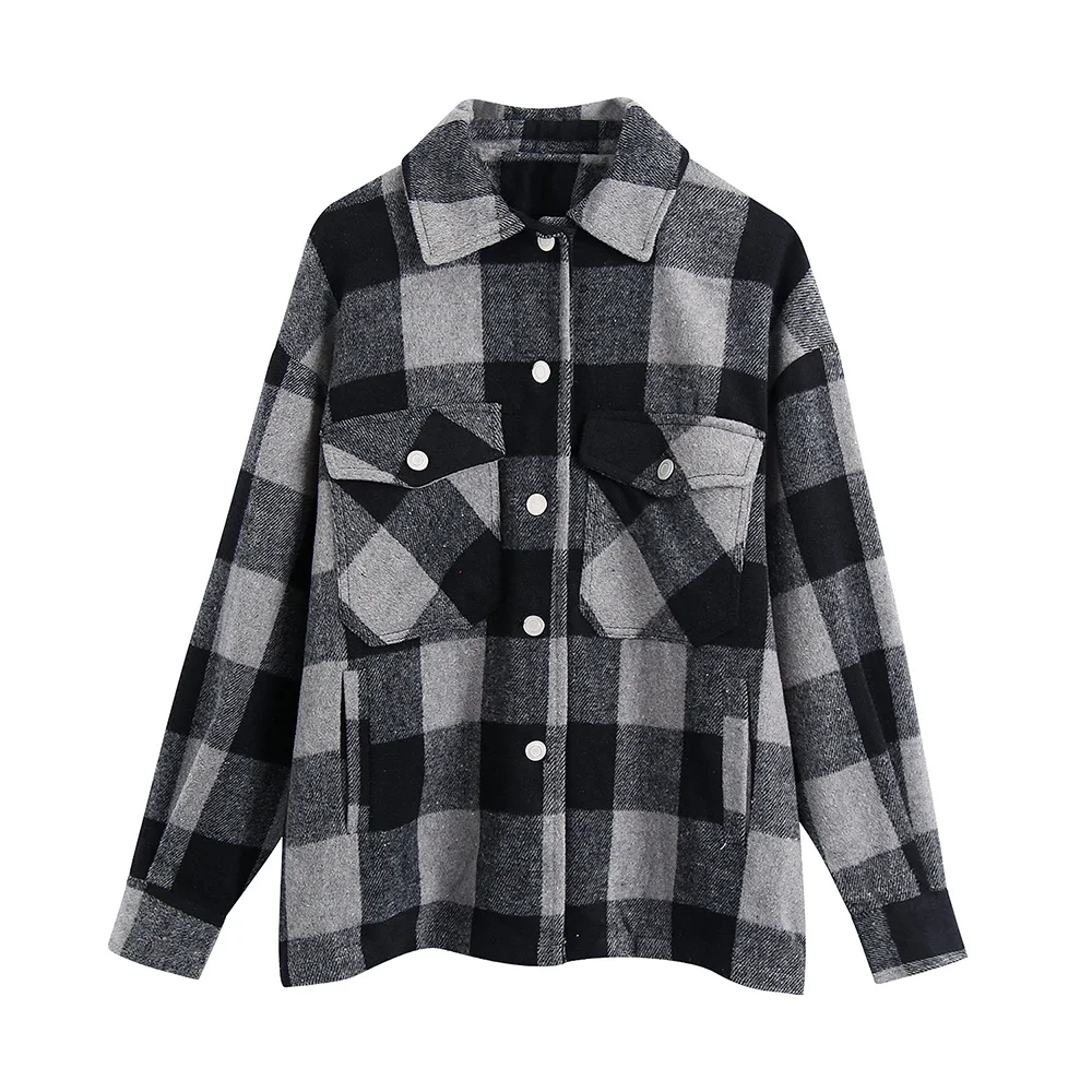 

Куртка женская с отложным воротником и длинным рукавом, модная повседневная рубашка в клетку, свободная верхняя одежда с карманами и клапан...
