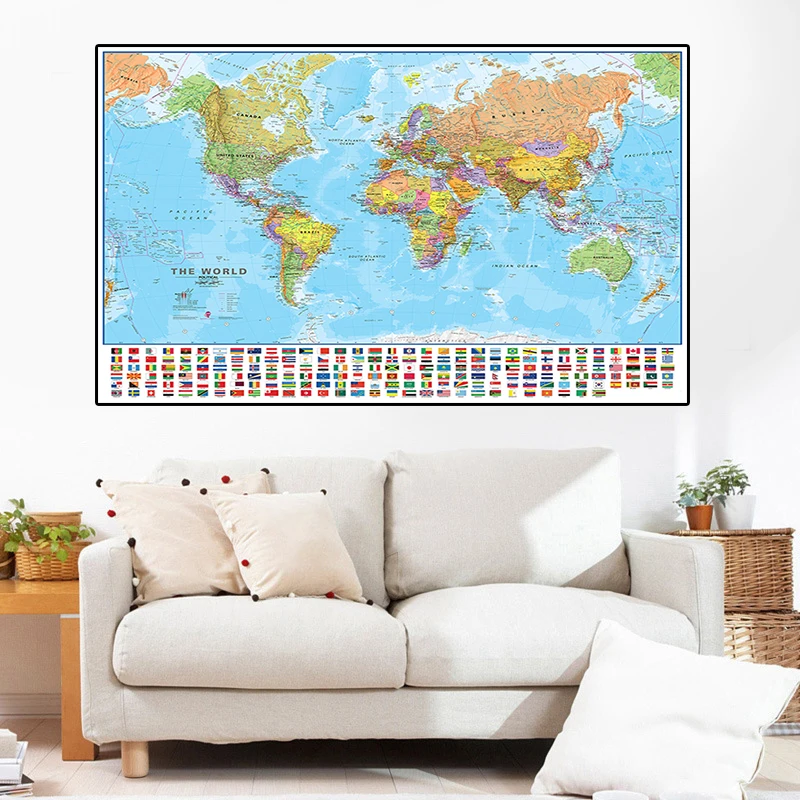 

150*100cm The World Political Map Non-woven Canvas Painting with Flags Wall Art Poster Children Study Supplies Home Decoration