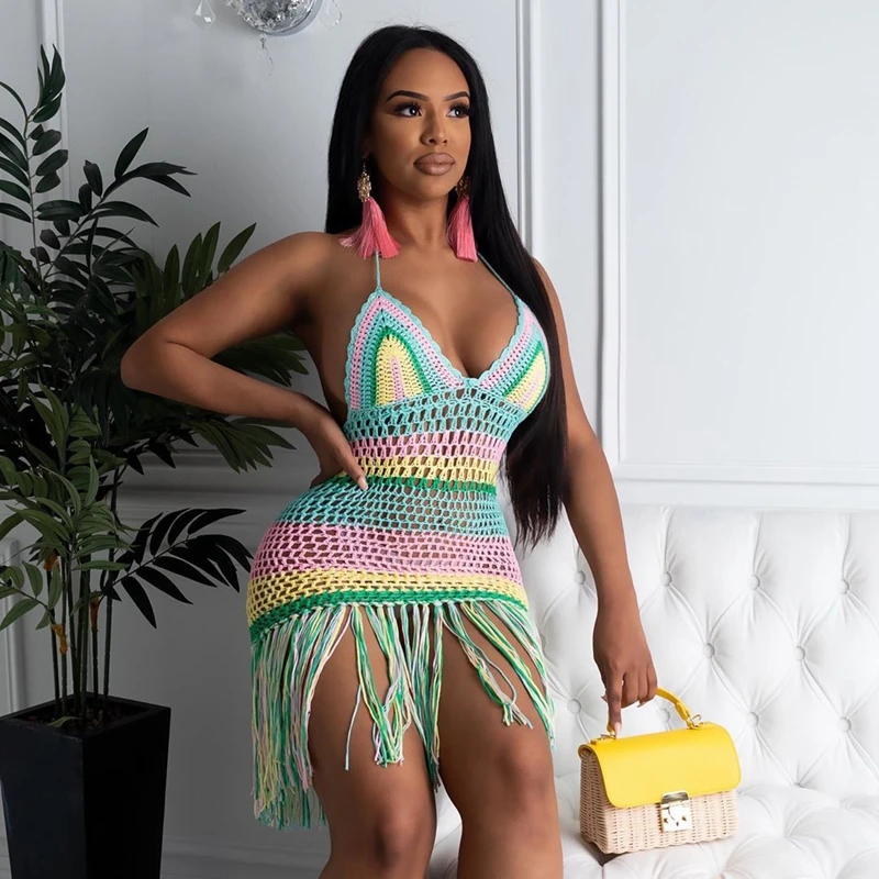 2020 Радужное вязаное крючком платье с открытой спиной сексуальное прозрачное