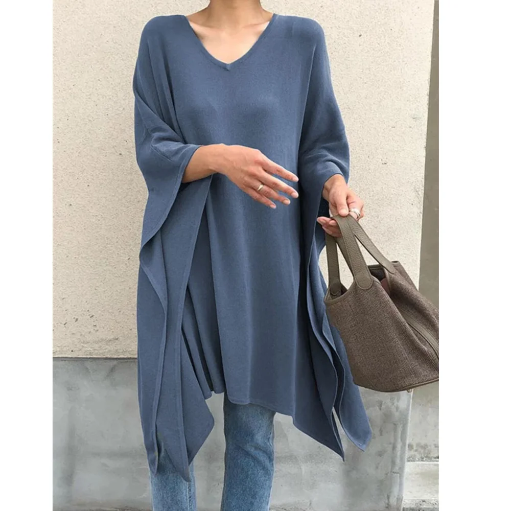 

2021 Осенняя однотонная Длинная блузка, Повседневная Свободная хлопковая черная Базовая Осенняя мягкая блузка с длинным рукавом летучая мыш...