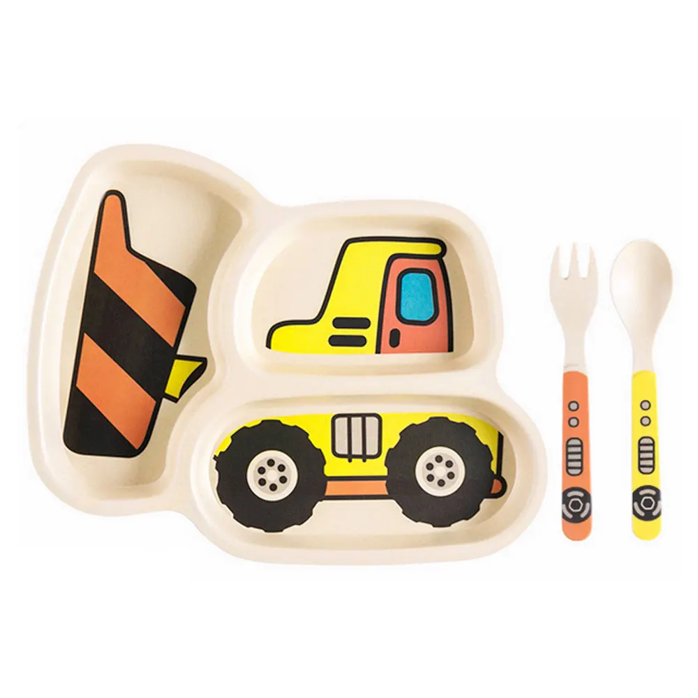 3pcs/set Cartoon Car Plate Fork Spoon Dinner Plates Set Dishes Divided Compartment Plates Tableware for Kids Toddlers Children