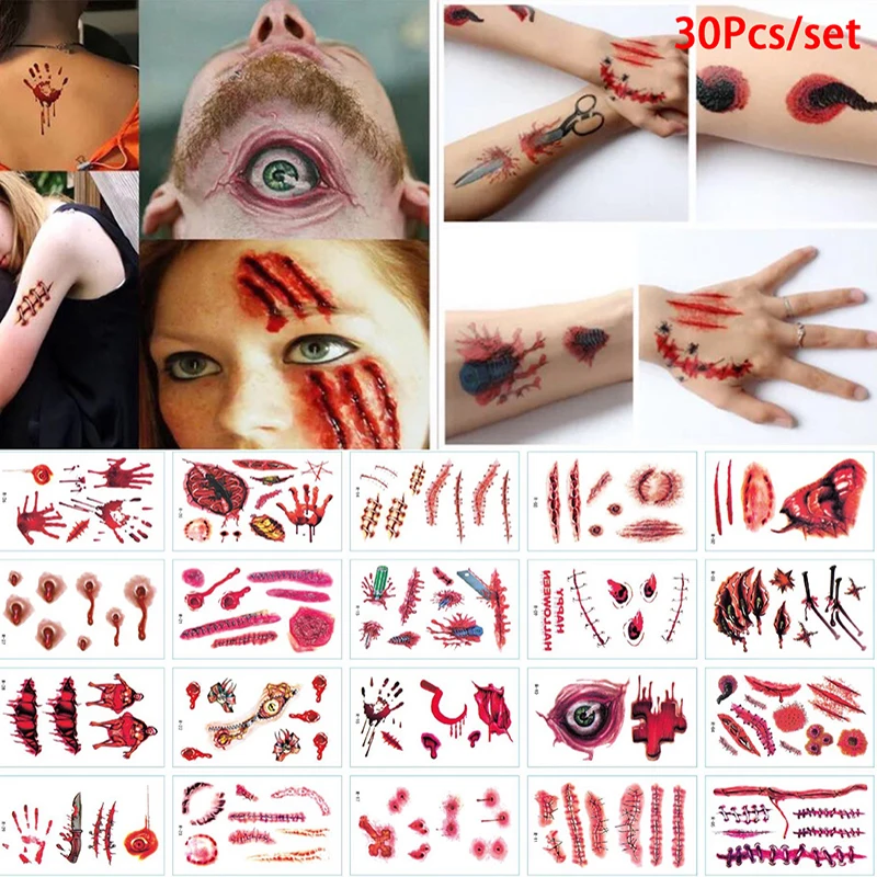 

30 PCS Halloween Waterproof Temporary Tattoos For Lady Women 3d Reality Vampire Blood Scar Design Tattoo Sticker