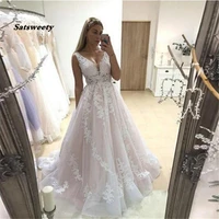 pink wedding dress 2022 v neck bridal gowns backless sleeveless full appliques lace bride dresses country vestidos de noiva