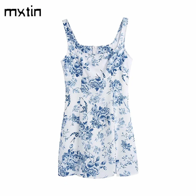 

MXTIN 2021 женское летнее винтажное платье с цветочным принтом, модное мини-платье с квадратным воротником, без рукавов, с открытой спиной, женск...