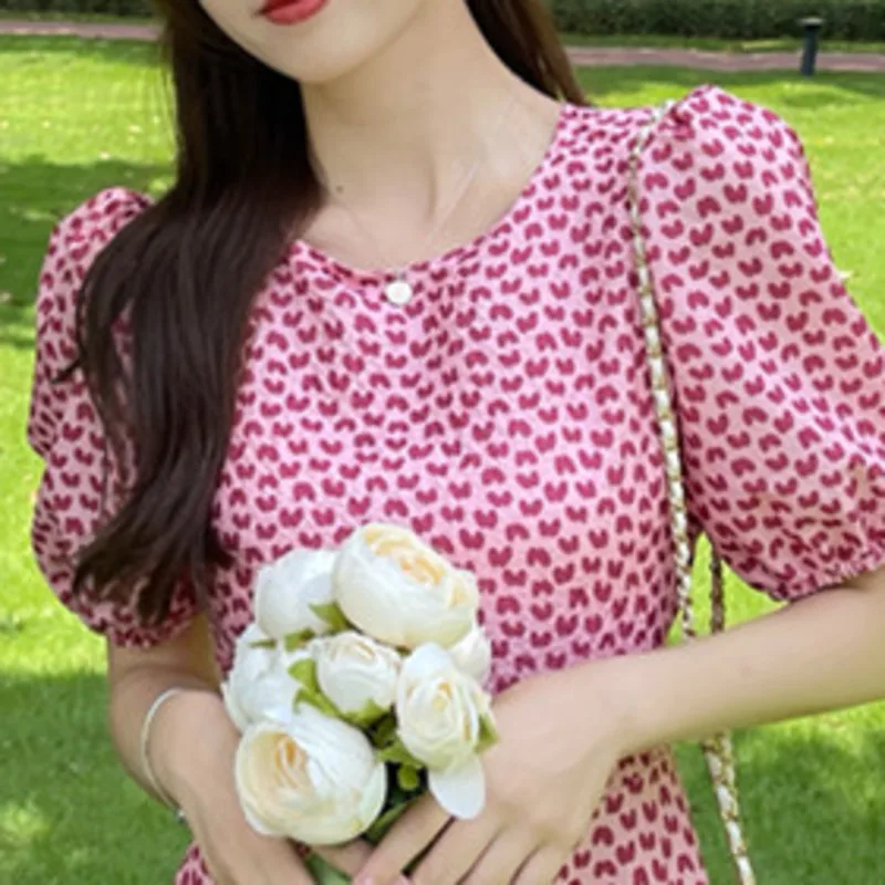

Sweet Heart Print Dresses Women Korean Chic Age Reduction Slim Waist O-neck Robes 2021 Summer Puff Sleeve Lace Up Vestidos Mujer
