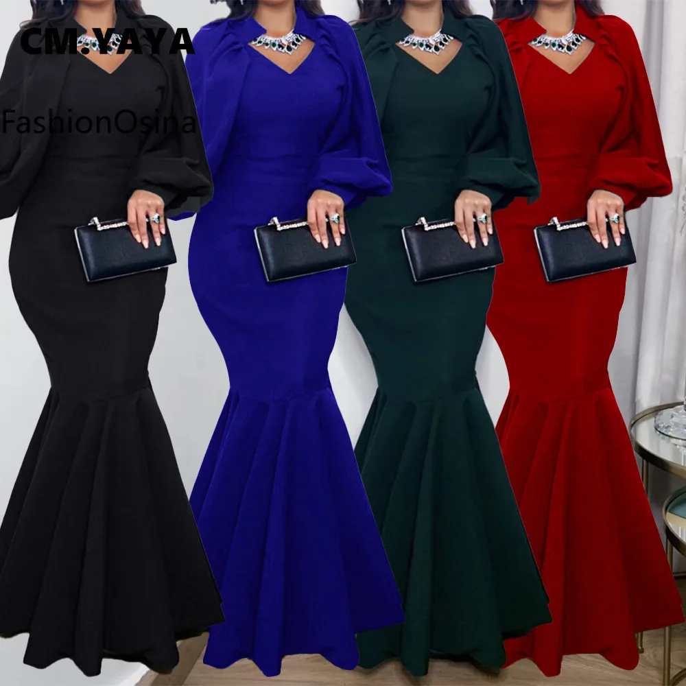 

F.O Elegant Full Lantern Sleeve Ankle-length Mermaid Dress Women Evening Party Maxi Dresses Office Lady Spring New Fashion
