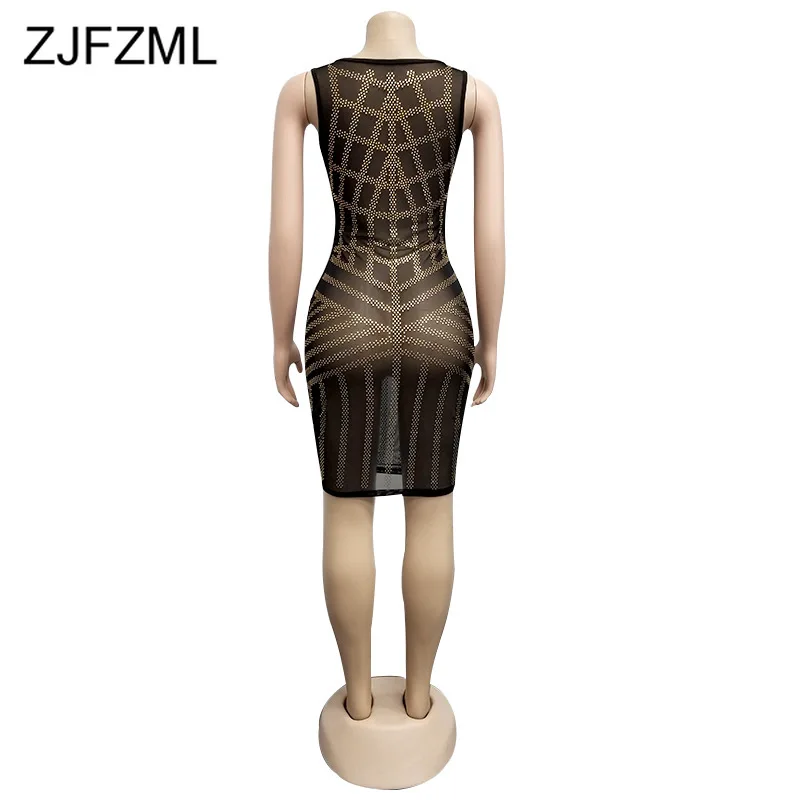 

Mesh Rhinestones Sexy Bodycon Dresses for Women Deep V Neck Open Back Package Hip Dress Summer Sleeveless Club Party Mini Dress