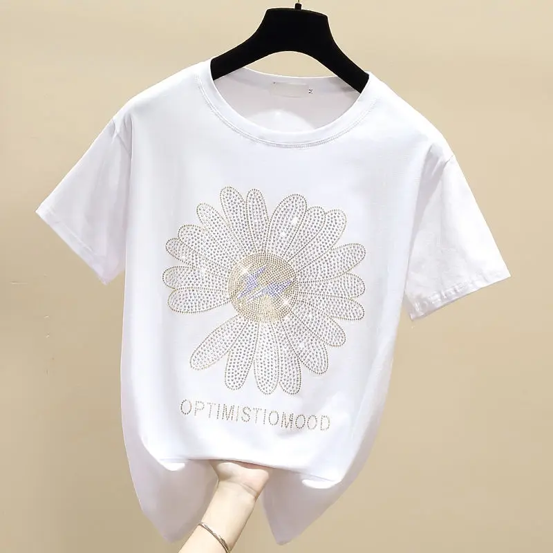 

Cotton inlaid diamond short sleeve T-shirt for women