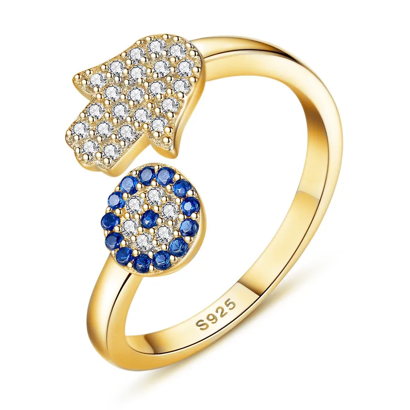 Gold Color 925 пробы серебра с клипсами Дурной глаз с голубыми глазами и Хамса рука, Фатима, настраиваемые в ручную женские кольца с открытым Размеры, свадебное кольцо, ювелирное изделие - Цвет основного камня: Gold Color