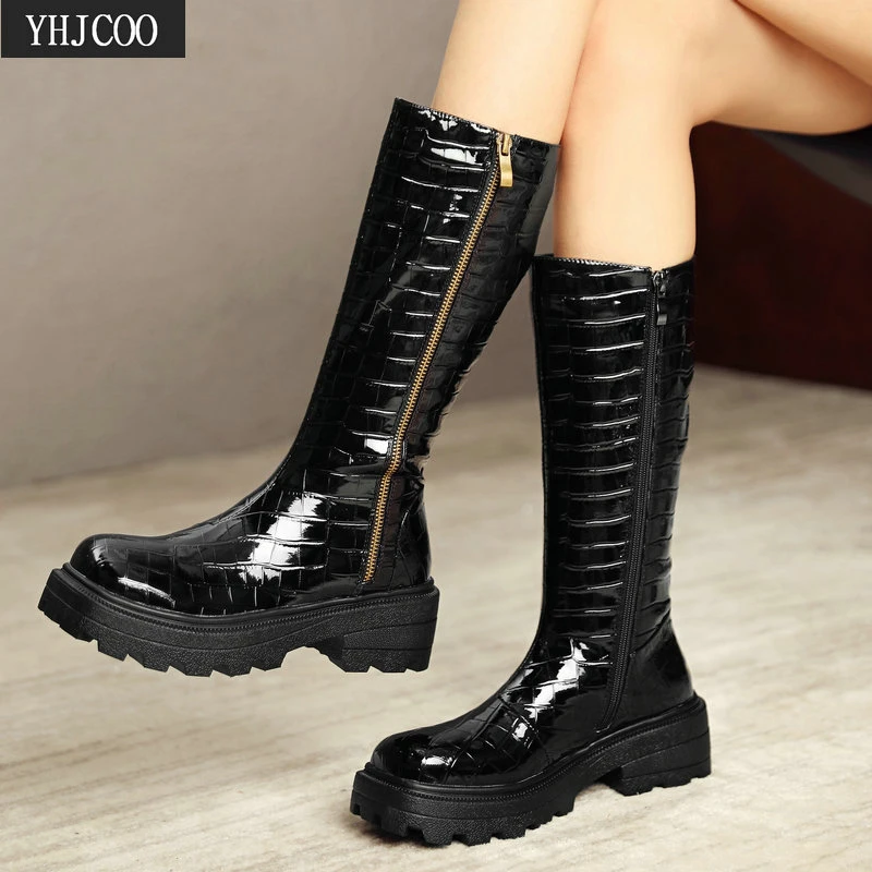 

Knee High Boots for Women Wide Calf High Quality Black Mid Calf Combat Boots for Women Comfort Square Platform Zipper Boots 43