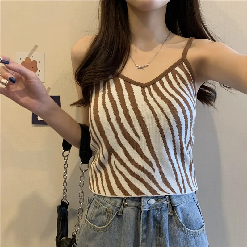 

woman Tank Tops 2021 summer home base coat Sweater Vest bottomed top knitted suspender to show thin vest Zebra pattern top