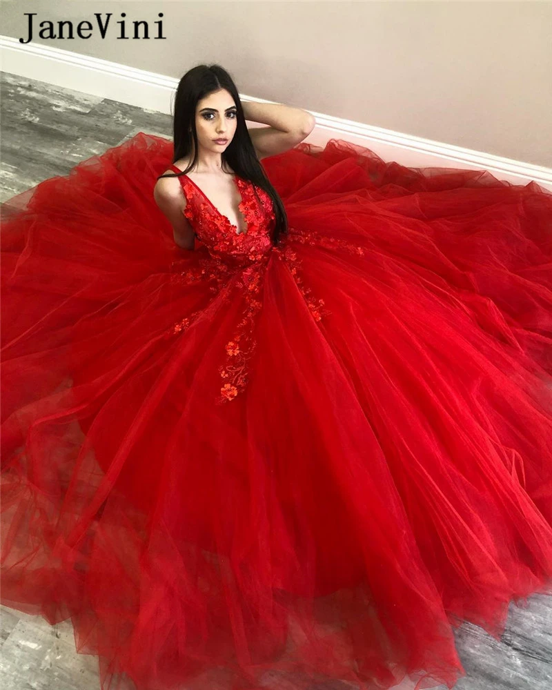 JaneVini очаровательное Красное Бальное Платье Длинные Пышные Платья 2020 глубокий