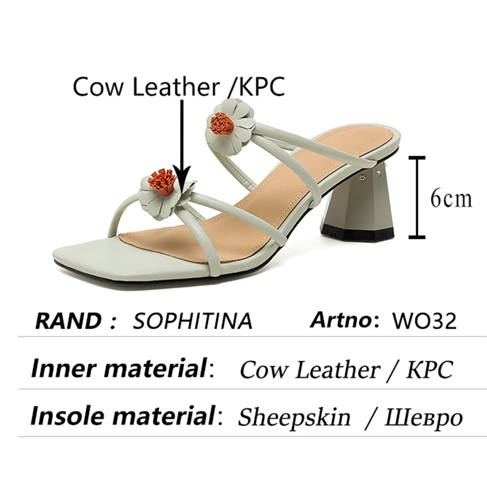 

SOPHITINA Women Slippers Sweet Elegant Flower Narrow Band Genuine Leather Slippers Outside Summer Green Fashion Lady Shoes WO32