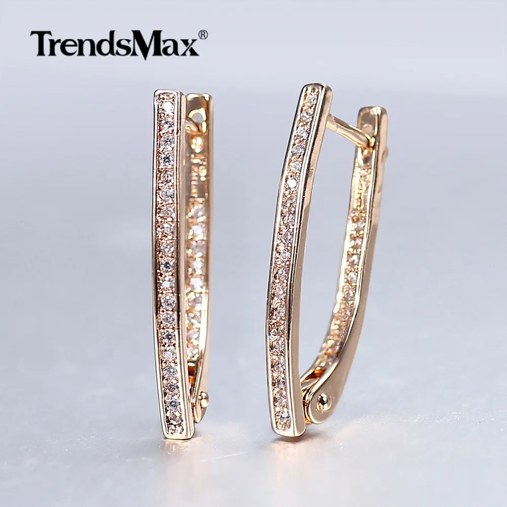 

585 Rose Gold Color Hoop Earrings V Shaped Long White Cubic Zircon Dangle Huggie Earrings Birthday Gifts for Women GE296