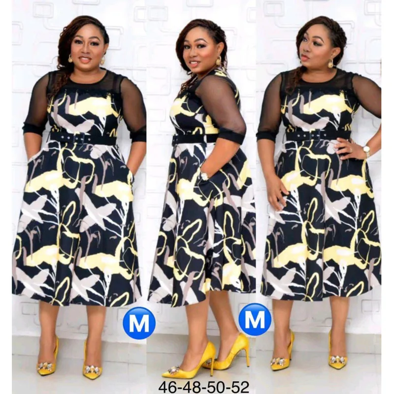 

Summer Autumn Plus Size Women's Dress Elegant 3 / 4 Sleeve Spliced Mesh Office Ladies Vintage Oversized Evening Party Dress