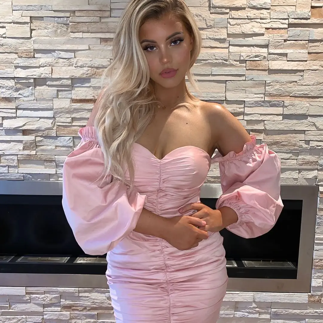 

2021 Long Puff Sleeve Slash Neck Pleated Sexy Mini Dress Autumn Winter Women Solid Party Elegant Streetwear