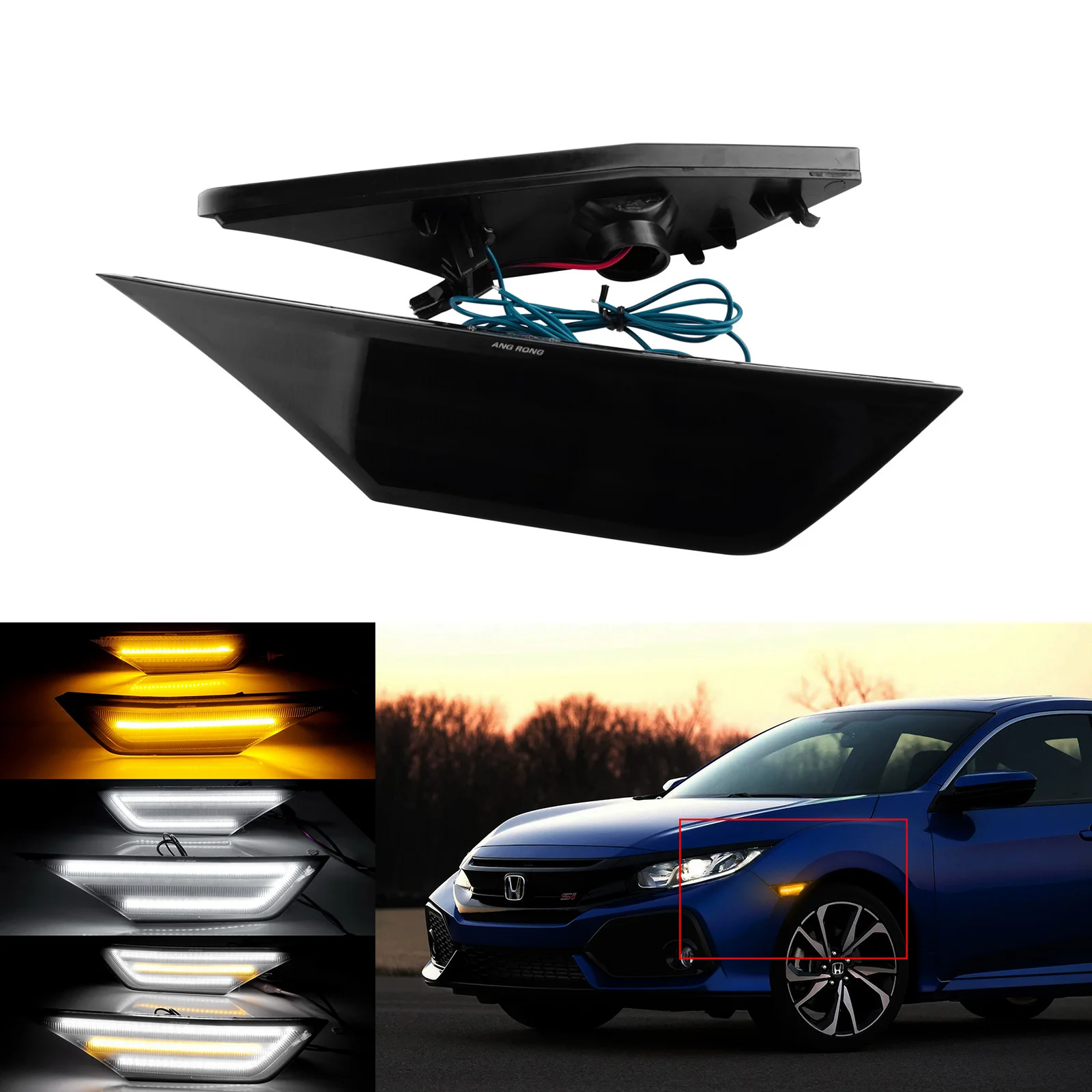 

2x для Honda Civic 2016-2020 Янтарный и белый светодиодный боковой индикатор, габаритный фонарь, черная дымчатая линза