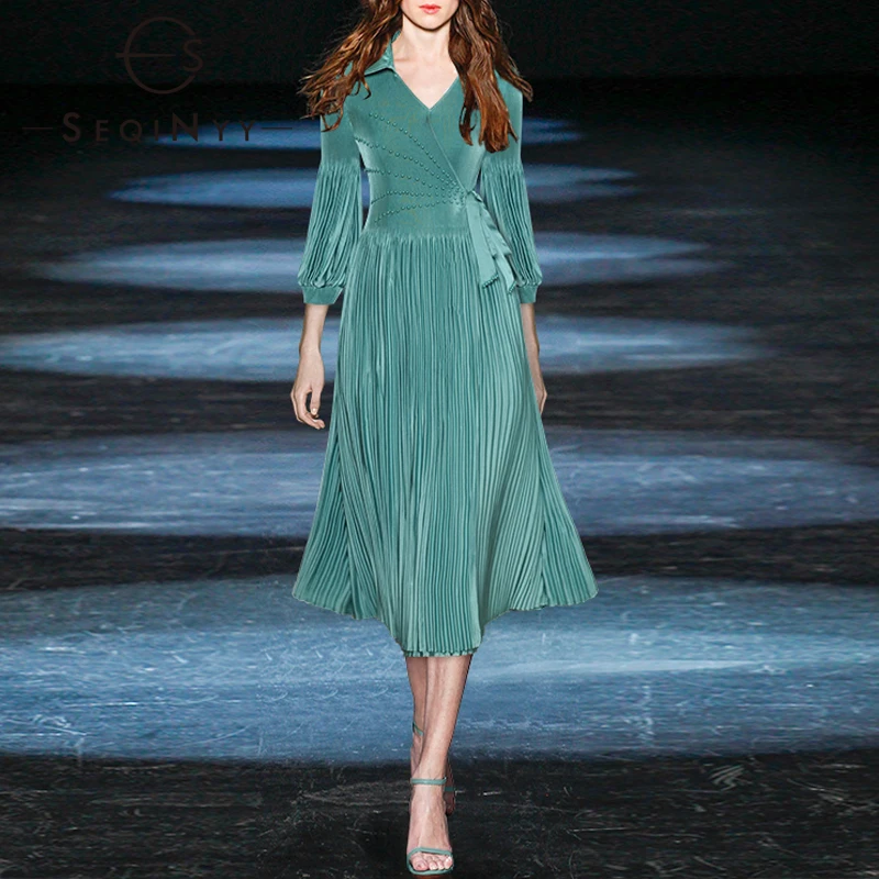 

Женское Плиссированное Платье-миди SEQINYY, эластичное, свободного размера, на шнуровке, повседневное, офисное, с бисером, весна-осень