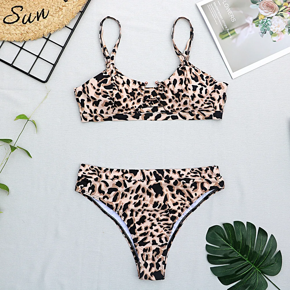 

2021 Summer Sexy Bikini Set Women High Waist Leopard Snake Print Split Swimsuit Push Up Bandeau Thong Brazilian