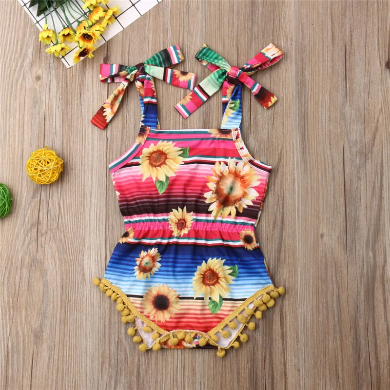 Summer Newborn Baby Girl Sunflower Tassels Floral Print Romper Body Suit Jumpsuit Outfits Babe Kids Clothes Sunsuits Clothings | Мать и
