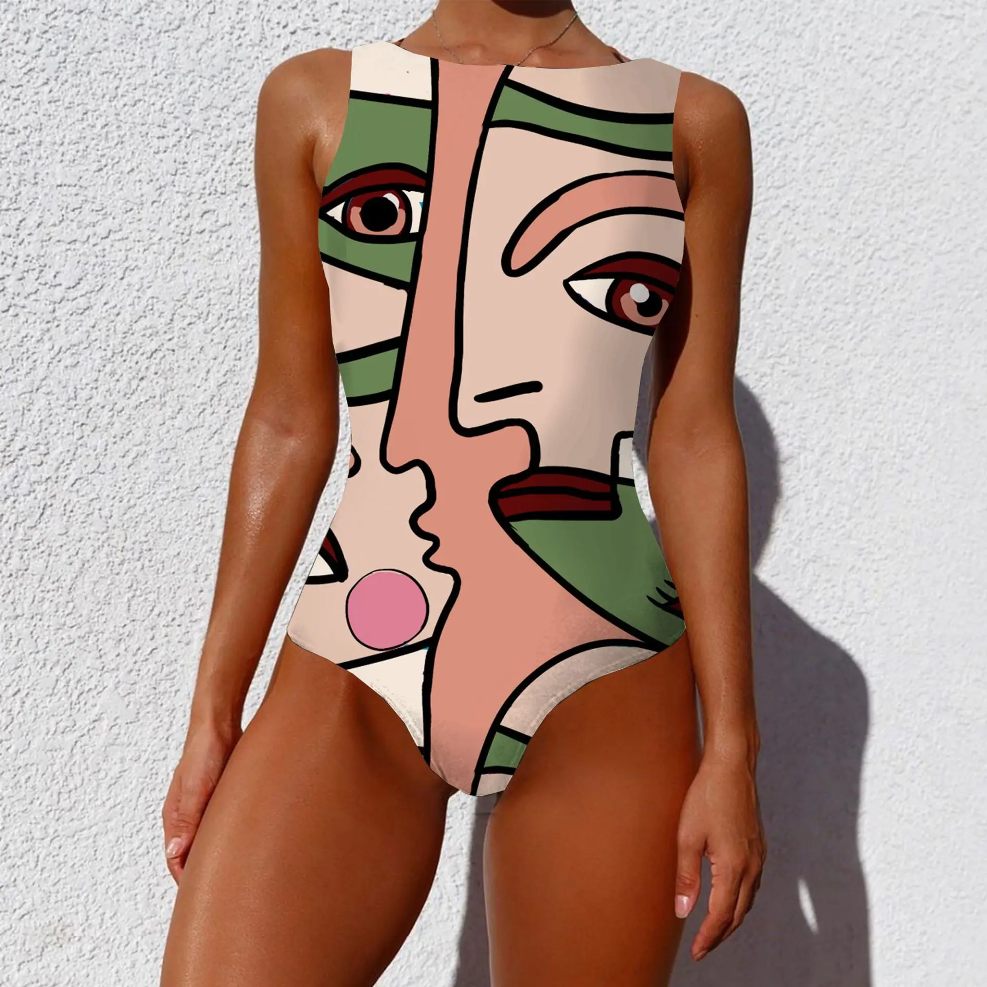 

2021 New Arrival Swimsuit Abstract Pattern Printed Swimsuit Women's Ins Style Backless Sexy One-piece Swimsuit