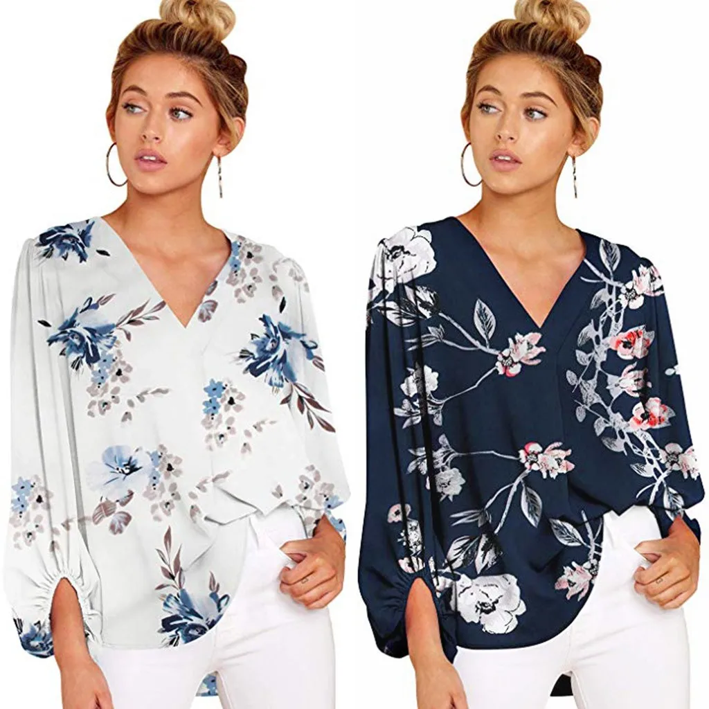 Женская блузка с длинным рукавом v-образным вырезом и принтом свободный уличный