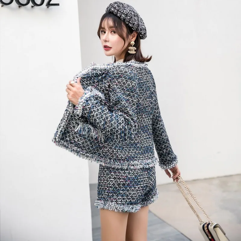 Brand New Women 2pcs Set Tweed Jacket Pearls Office Ladies Slim Fit Twill Outfits Suit Hot Shorts Tassels Business Work Suits | Женская