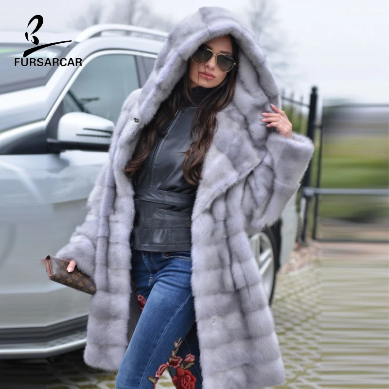 FURSARCAR/большой женский зимний жакет с капюшоном, новые модные роскошные шубы из натурального меха норки серого цвета для женщин, пальто из натурального меха, ткань