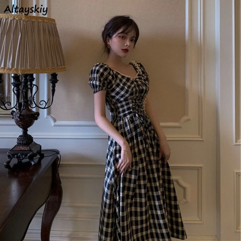 

Женское клетчатое платье ретро, Элегантное летнее платье с высокой талией в Корейском стиле, модное милое платье для колледжа, праздничный ...