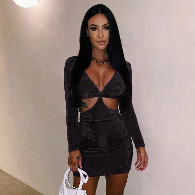 

Casual Women Mini Dress Deep V-neck Full Sleeve Hollow Out Bodycon Streetwear Summer Clothes for Women Outfit