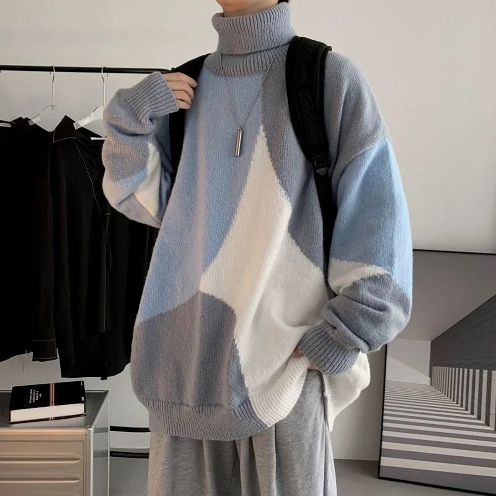 DIMI Fashion Clothing Mens Sweater Winter Long Sleeve Patchwork Sweaters Men Turtleneck Sweaters Oversized Men Streetwear Korean