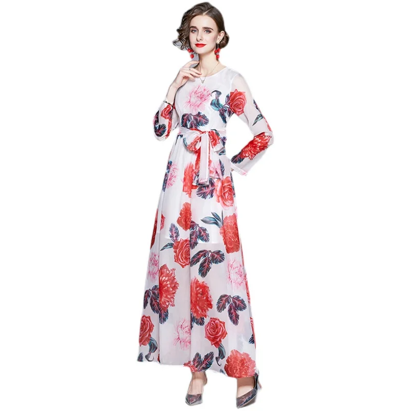 

Spring Autumn Elegant Rose Dress Maxi Round Neck Sashes Long Sleeve Floor Length Woman Clothes