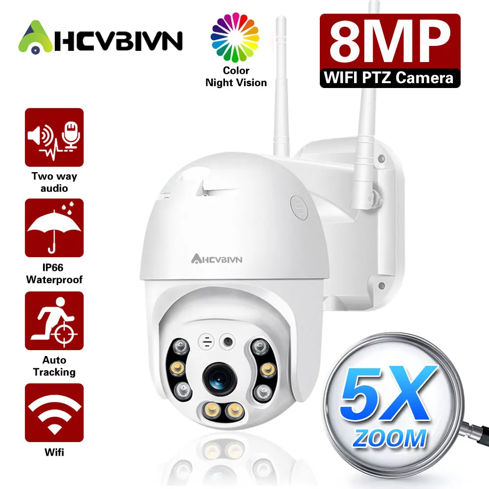 CCTV 8MP Wifi PTZ Surveillance Camera Outdoor Waterproof IP Security Camera Wifi Wireless Full Color Night Vision Cam H.265 4K