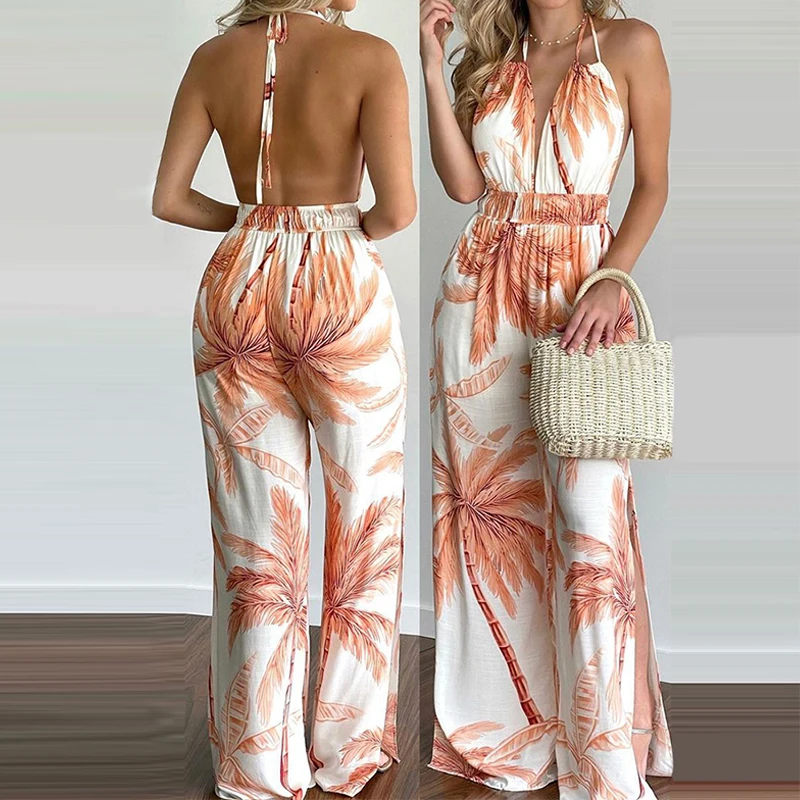 

Lace Up Top Backless Long Pant Jump Suits for Women Overalls Romper Women Sexy Streetwear Loose One Piece Jumpsuit