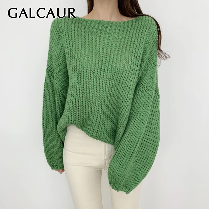

Повседневный Свободный вязаный свитер GALCAUR для женщин, однотонный минималистичный пуловер с круглым вырезом и длинным рукавом, женская мод...