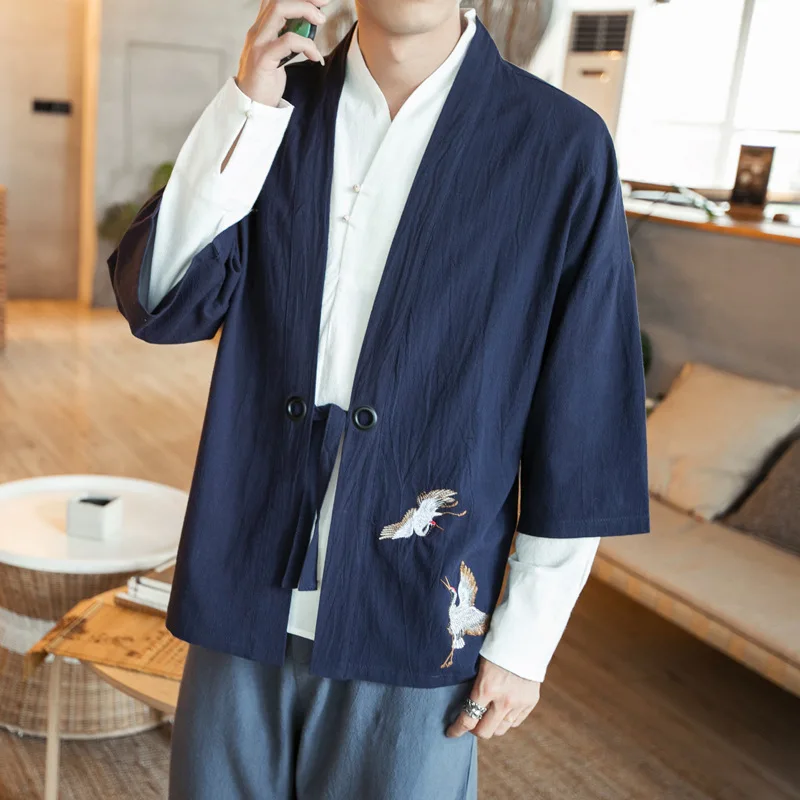 #7924 из хлопка и льна куртка кардиган с вышивкой кимоно Мужская Уличная красного