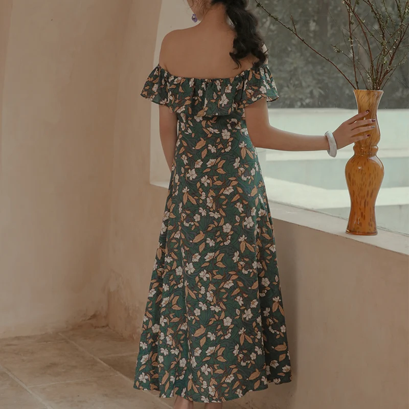

Casual Honeymoon Beach Vacation Party Night New Women Long Floral Ruffle Dress Summer 2021 Off Shoulder Backless Sexy Boho Dress