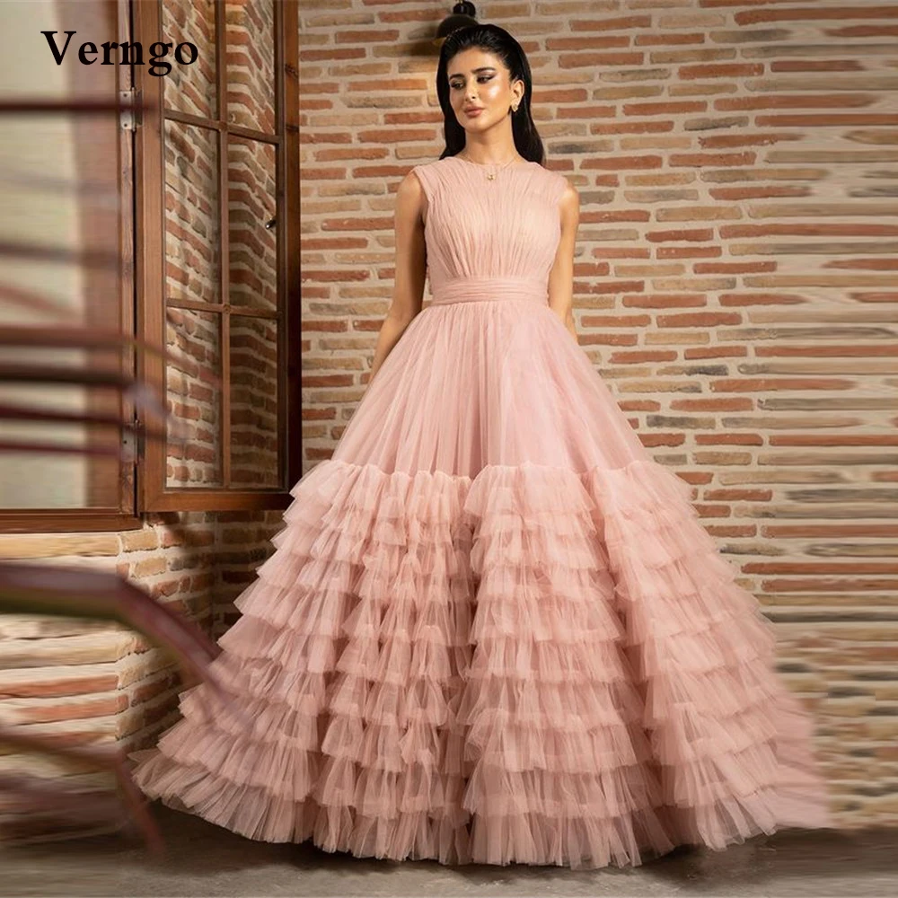

Verngo Blush Pink Tulle Layered Skirt A Line Prom Dresses Modest O-Neck Fluffy Formal Evening Gowns 16 Girls Quinceanera Dress