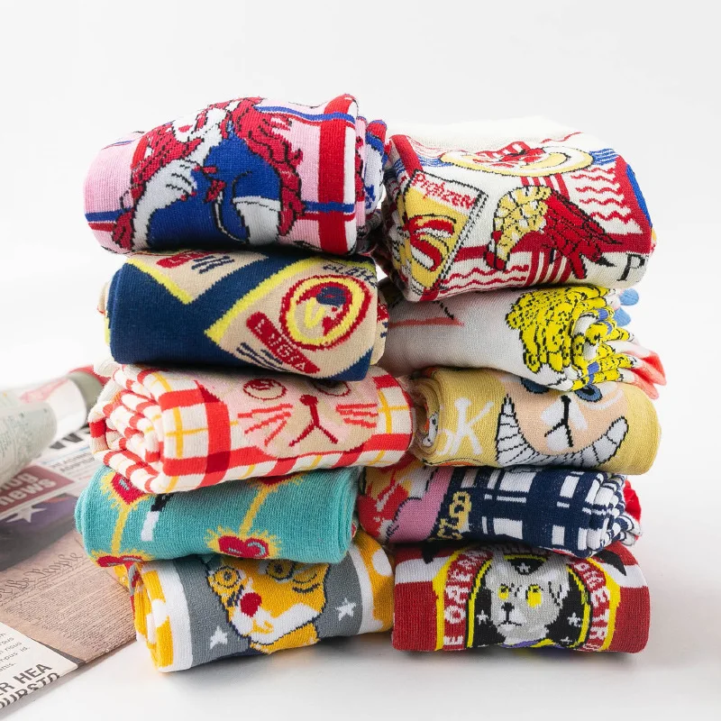 

AOMU 3Pairs/Set French Retro Spring Illustration Cartoon Art Tartan Women Stocking Japanese Harajuku Anime Cat Pattern Cute Sock