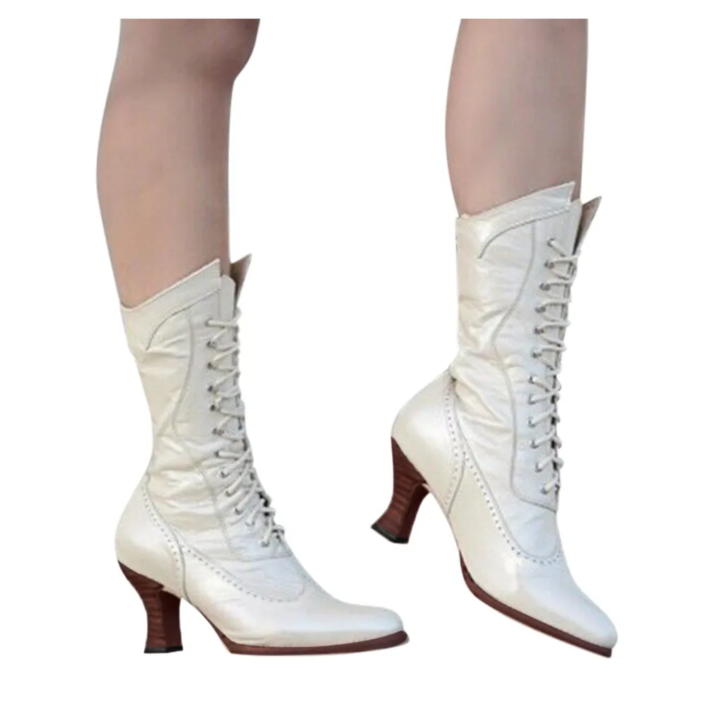 Женские ботинки до середины икры с острым носком в винтажном стиле кожаная обувь