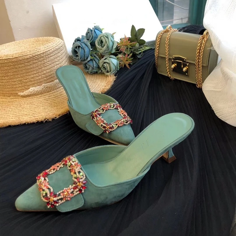 

woman slippers Crystal Bowknot summer shoes bling bling Crystal Rhinestone dress sandals Genuine Suede Leather Women Slids Out