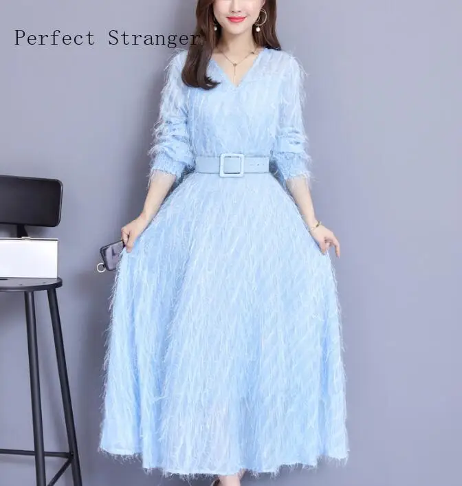 Женское шифоновое платье с поясом Элегантное Длинное Платье V-образным вырезом и