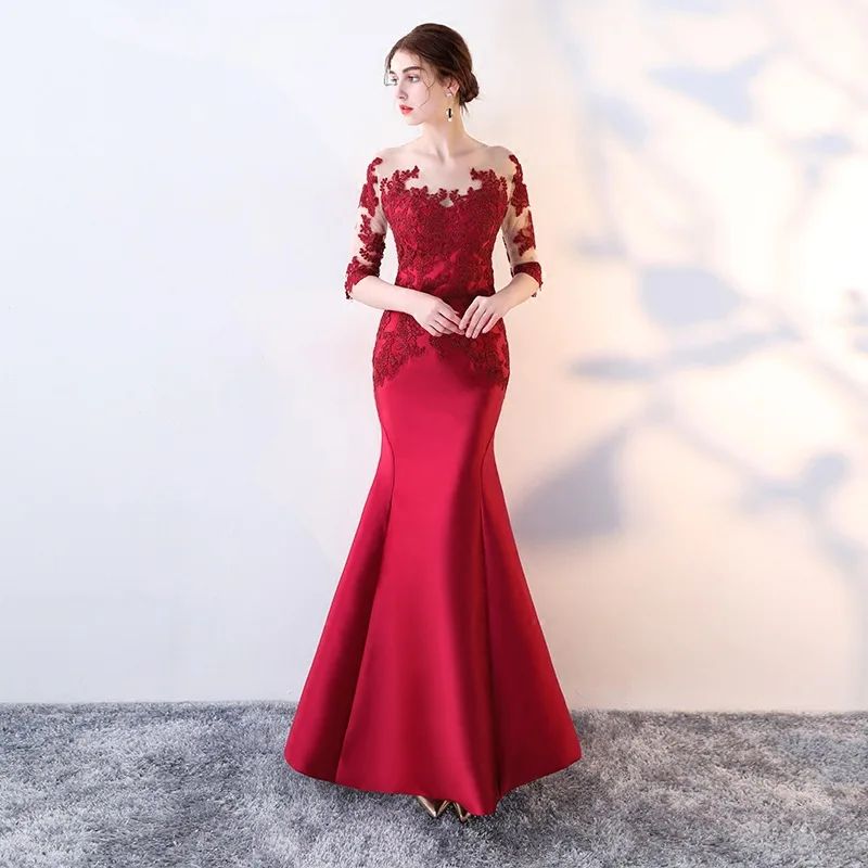 

Evening Gowns Woman 2021 New Performance Banquet Fishtail Wedding Dress Long Sleeve Lace Embroidery Bridal Slim Marrage Robes