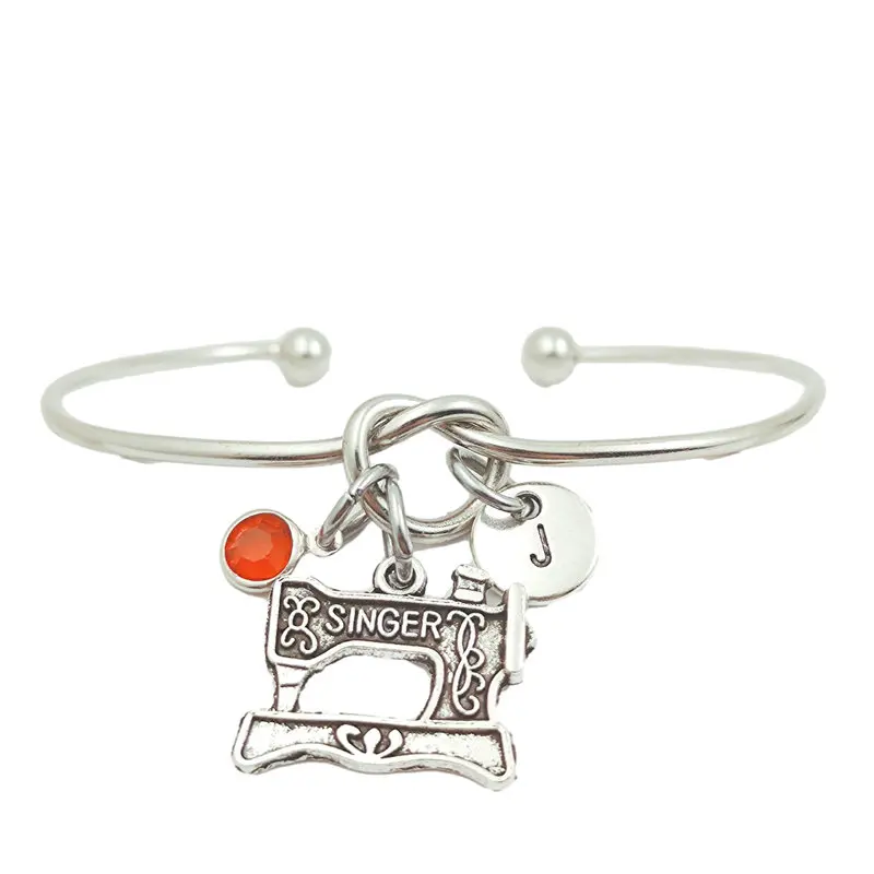 

Sewing Machine Retro Creative Initial Letter Monogram Birthstone Adjustable Bracelet Fashion Jewelry Women Gift Pendant