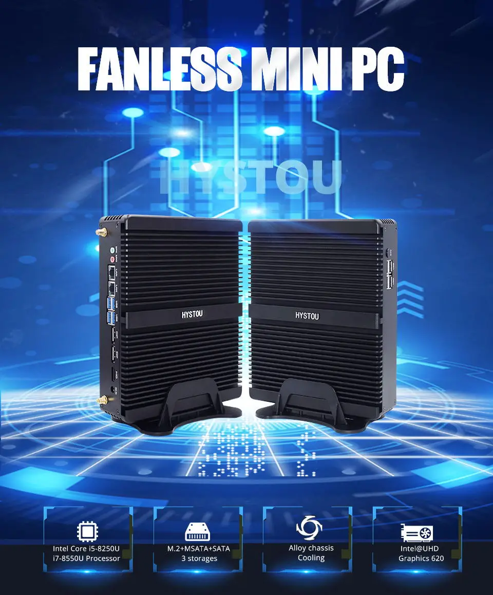 Hystou M2 wifi 8-ой процессор Intel Core промышленный безвентиляторный мини ПК i5 8250U i7 8550U Windows 10 DDR4 4 USB 3,0 HDMI DP EDP 4K HTPC NUC
