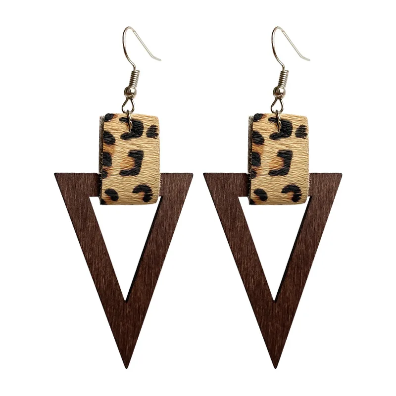

Leopard Leather Connector Wooden Triangular Arrowhead Dangle Drop Earrings or Women Minimalism Date Gift Jewelry