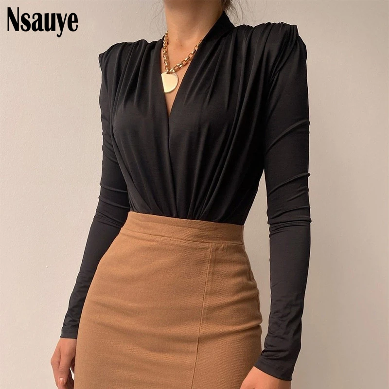 

Nsauye 2021 зимние черные облегающие топы с рюшами с длинным рукавом боди сексуальные Клубные Комбинезоны для женщин короткие комбинезоны празд...